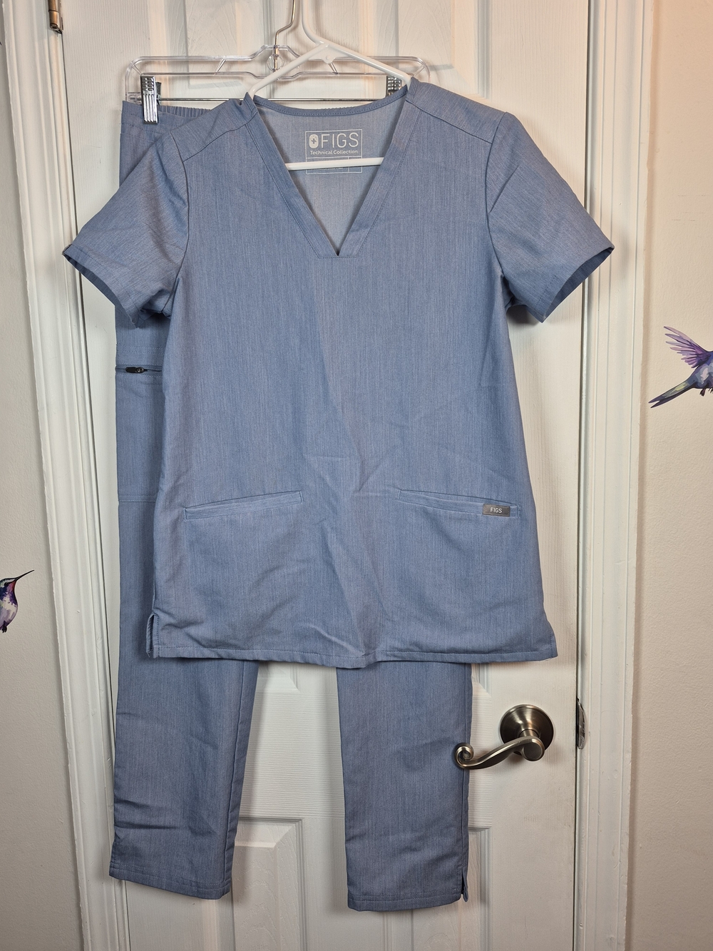 FIGS Heather Denim Scrub Set XS Top/ SMALL Pants Casma V Neck Blue